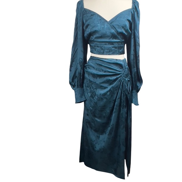 Band of the Free Celene Deep Teal Slit Layered Midi Skirt Smocked Back Medium - Picture 1 of 8
